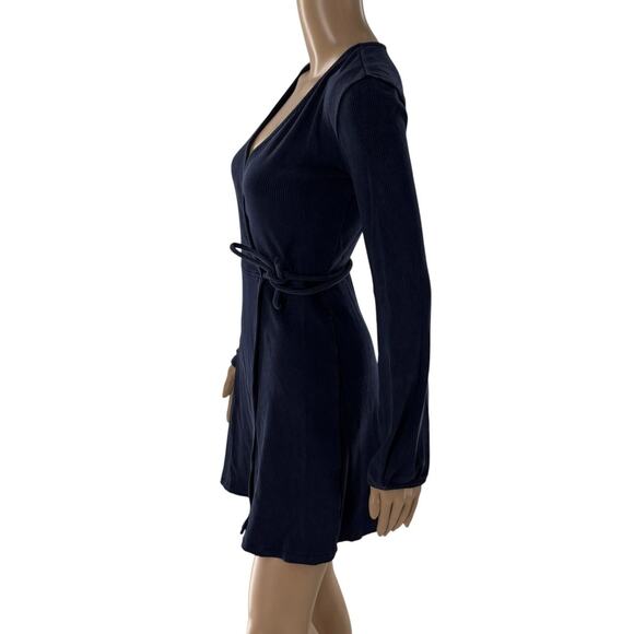 Aritzia Sunday Best Blue Alexi Ribbed Wrap Tie Mini Dress - Picture 5 of 9